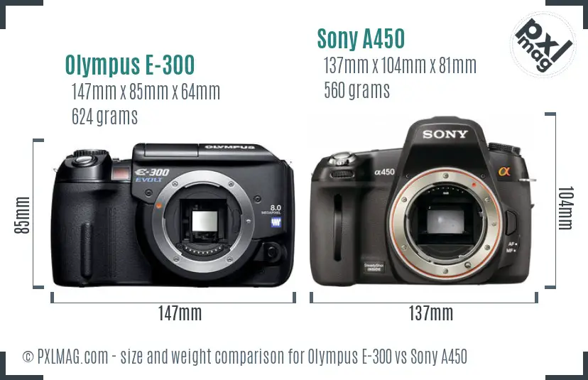 Olympus E-300 vs Sony A450 size comparison