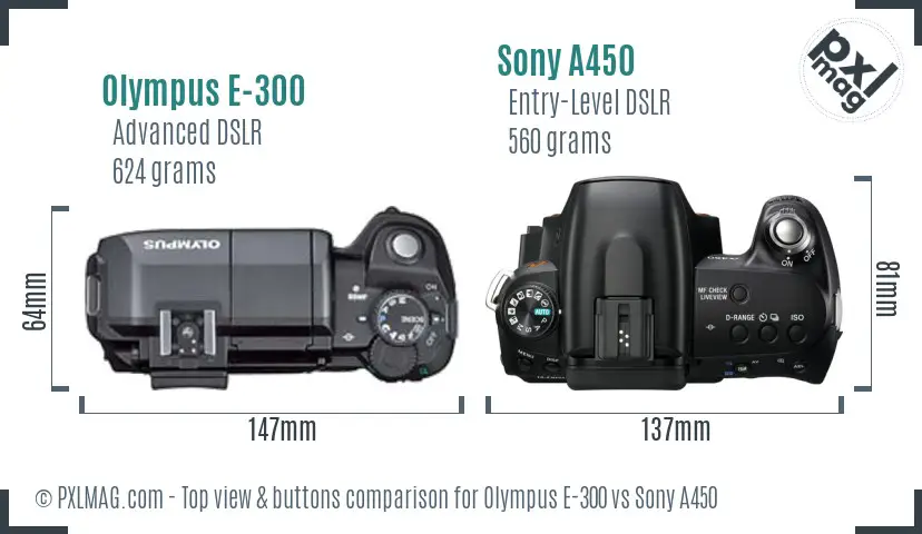 Olympus E-300 vs Sony A450 top view buttons comparison