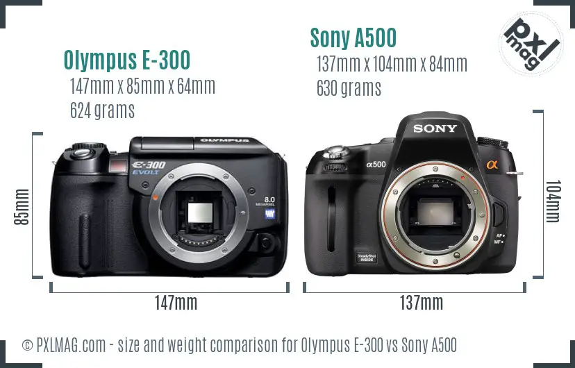 Olympus E-300 vs Sony A500 size comparison