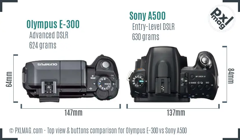 Olympus E-300 vs Sony A500 top view buttons comparison