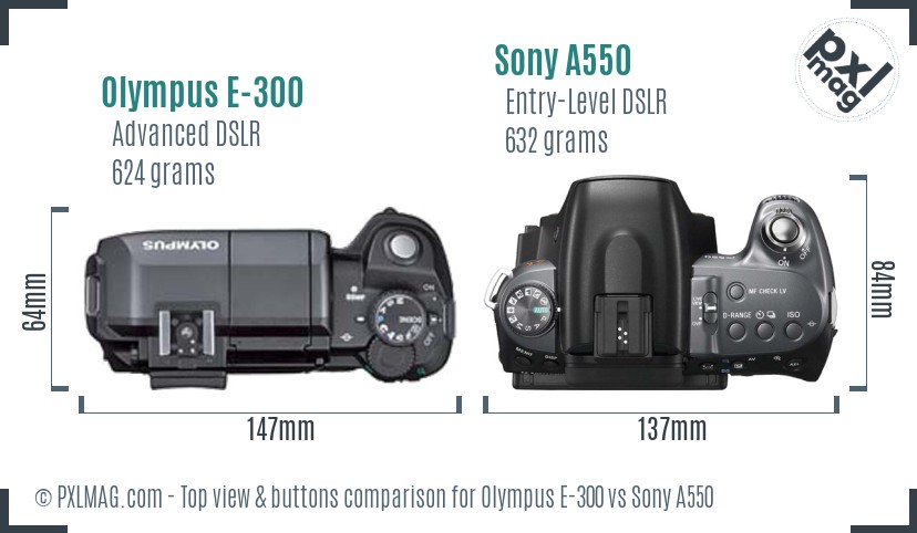 Olympus E-300 vs Sony A550 top view buttons comparison