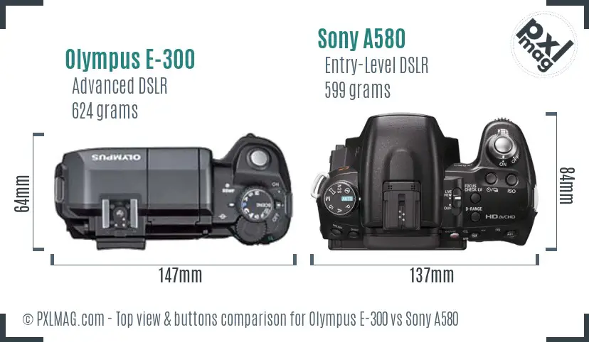 Olympus E-300 vs Sony A580 top view buttons comparison