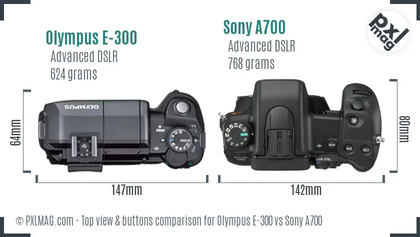 Olympus E-300 vs Sony A700 top view buttons comparison