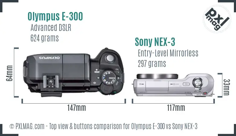 Olympus E-300 vs Sony NEX-3 top view buttons comparison