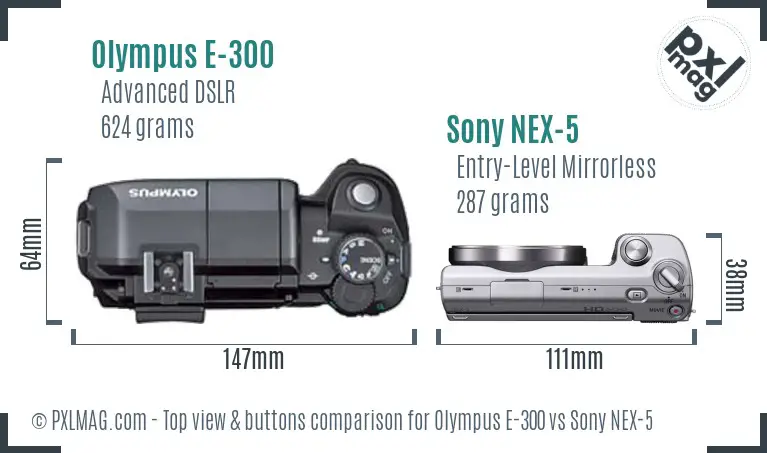 Olympus E-300 vs Sony NEX-5 top view buttons comparison