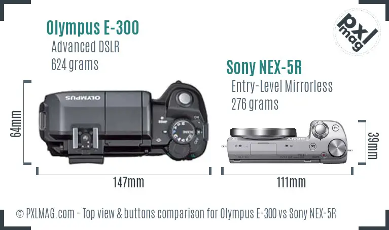 Olympus E-300 vs Sony NEX-5R top view buttons comparison