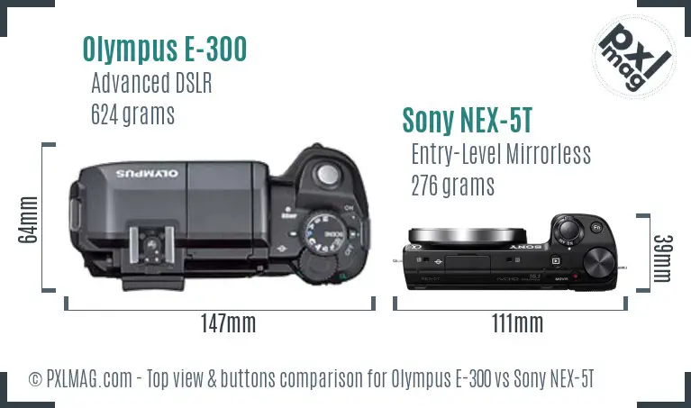Olympus E-300 vs Sony NEX-5T top view buttons comparison