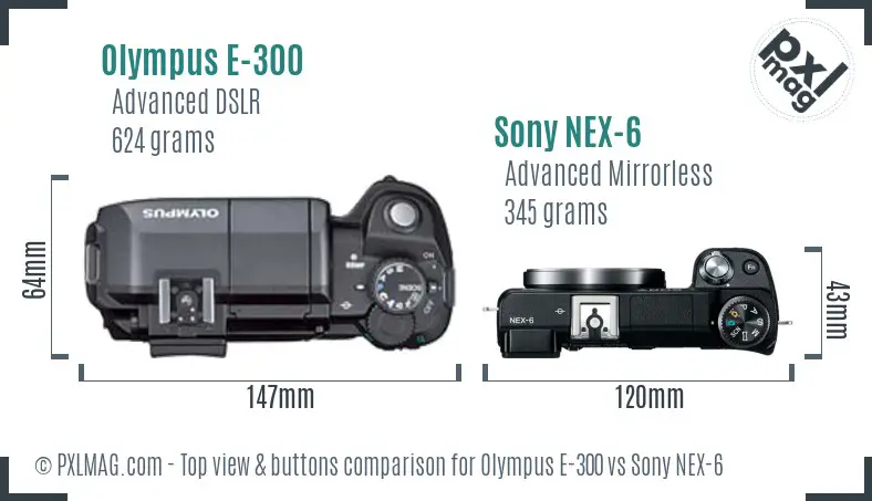 Olympus E-300 vs Sony NEX-6 top view buttons comparison