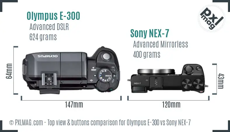 Olympus E-300 vs Sony NEX-7 top view buttons comparison