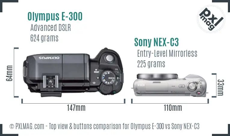 Olympus E-300 vs Sony NEX-C3 top view buttons comparison