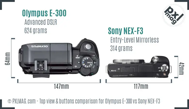 Olympus E-300 vs Sony NEX-F3 top view buttons comparison