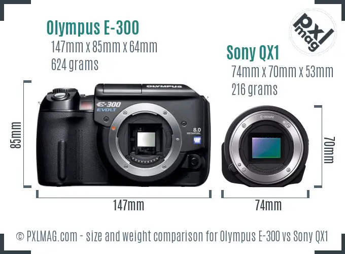 Olympus E-300 vs Sony QX1 size comparison