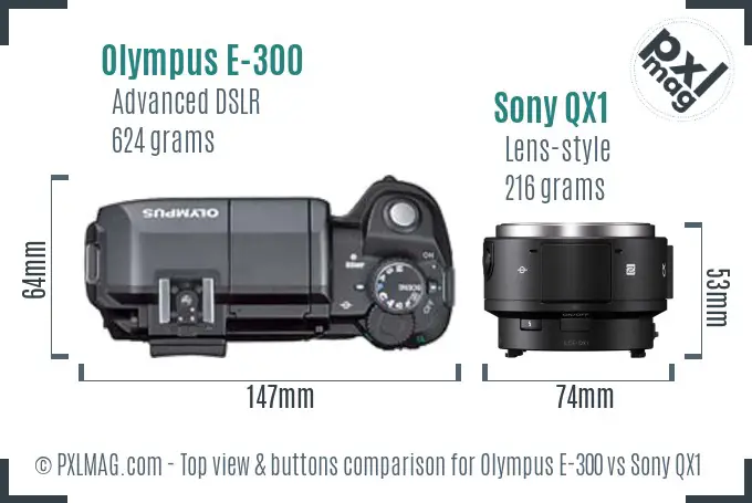 Olympus E-300 vs Sony QX1 top view buttons comparison
