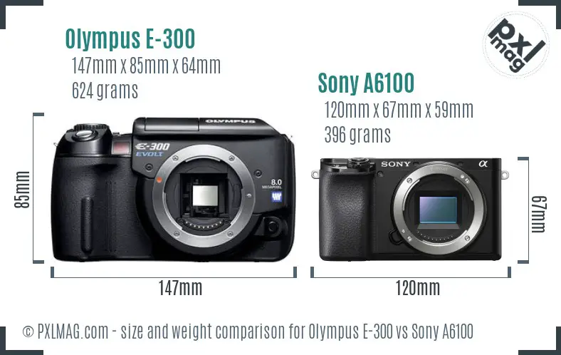 Olympus E-300 vs Sony A6100 size comparison