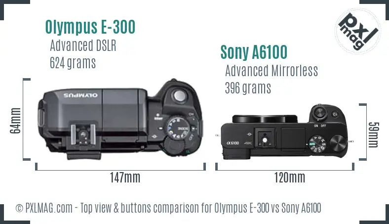 Olympus E-300 vs Sony A6100 top view buttons comparison