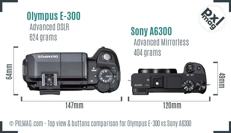 Olympus E-300 vs Sony A6300 top view buttons comparison