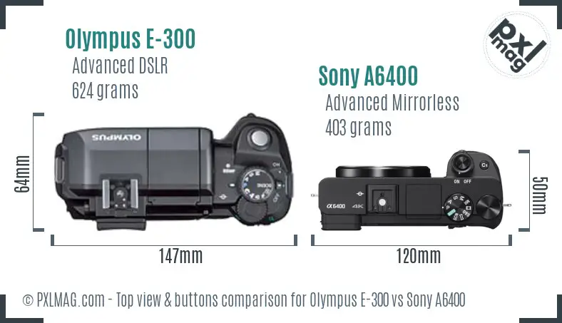 Olympus E-300 vs Sony A6400 top view buttons comparison