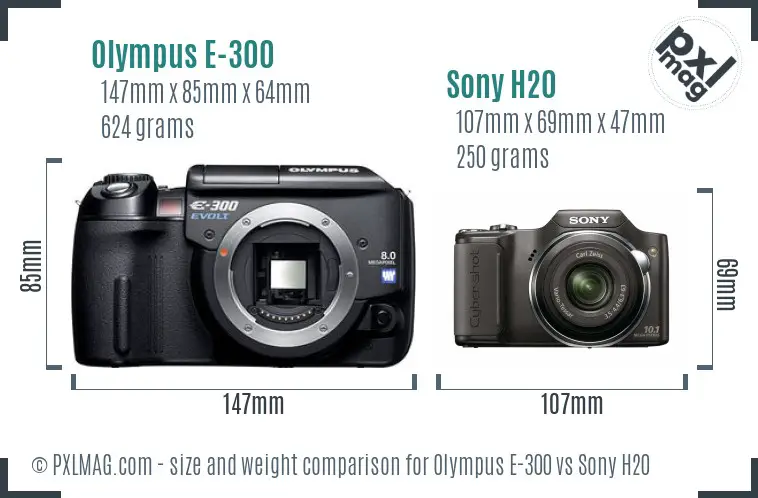 Olympus E-300 vs Sony H20 size comparison