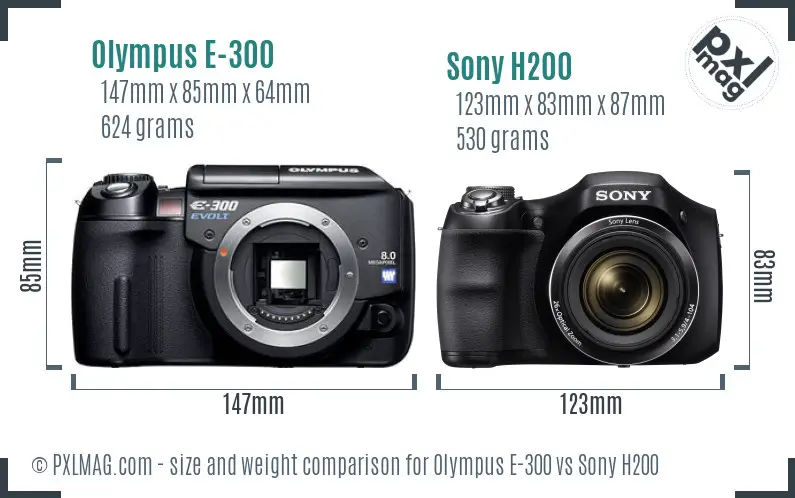 Olympus E-300 vs Sony H200 size comparison