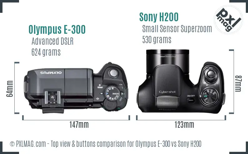 Olympus E-300 vs Sony H200 top view buttons comparison