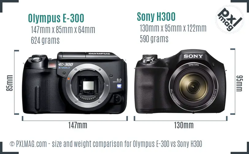 Olympus E-300 vs Sony H300 size comparison