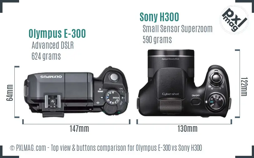 Olympus E-300 vs Sony H300 top view buttons comparison