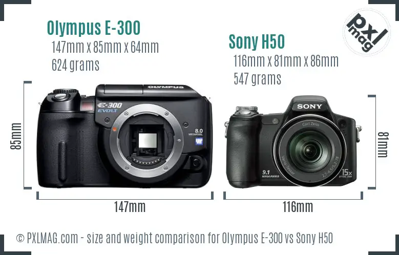 Olympus E-300 vs Sony H50 size comparison