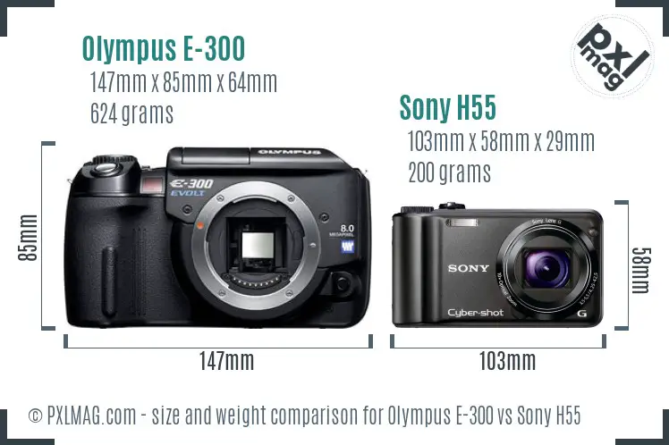 Olympus E-300 vs Sony H55 size comparison