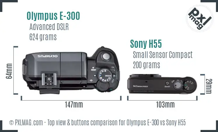 Olympus E-300 vs Sony H55 top view buttons comparison