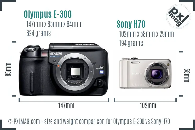 Olympus E-300 vs Sony H70 size comparison