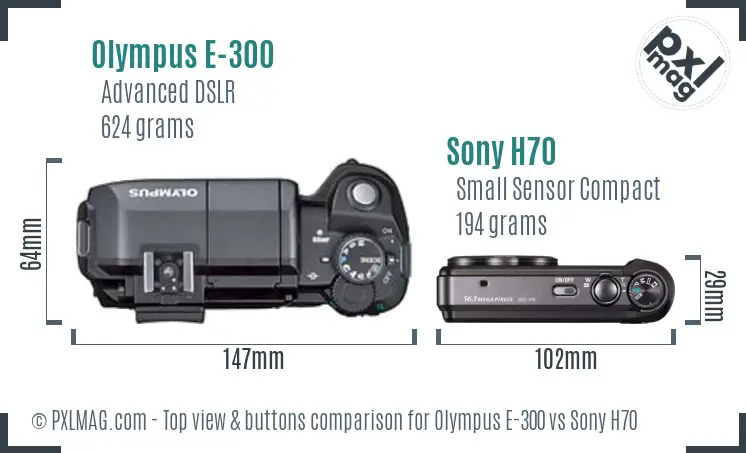 Olympus E-300 vs Sony H70 top view buttons comparison