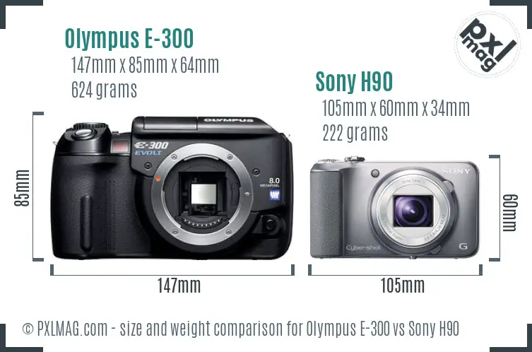 Olympus E-300 vs Sony H90 size comparison