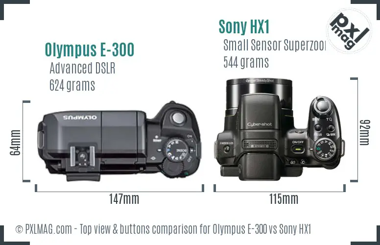 Olympus E-300 vs Sony HX1 top view buttons comparison