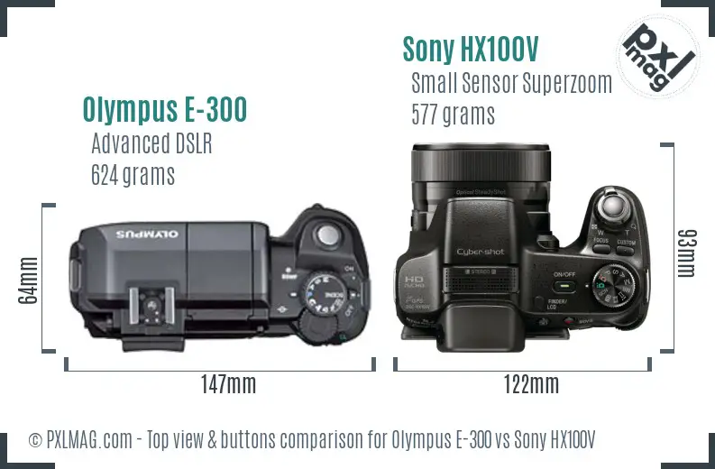 Olympus E-300 vs Sony HX100V top view buttons comparison