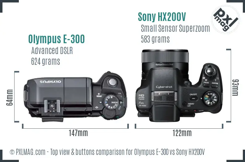 Olympus E-300 vs Sony HX200V top view buttons comparison