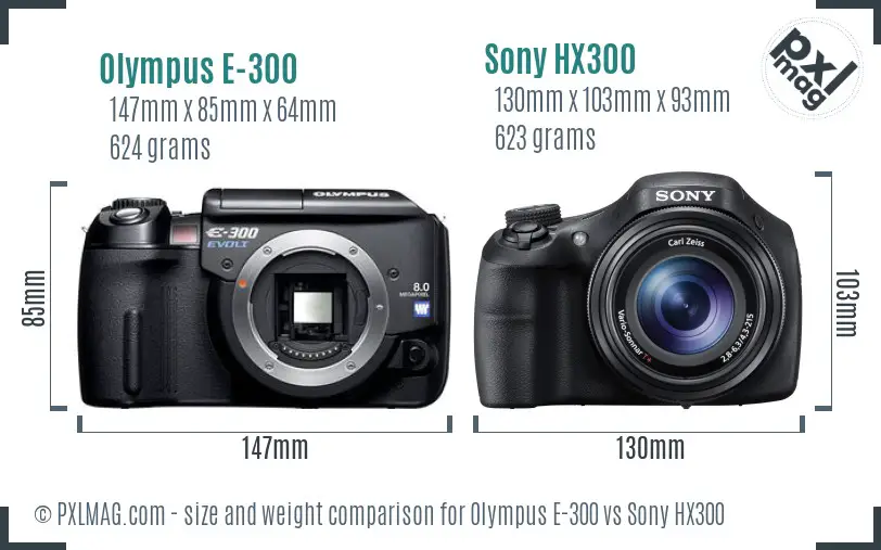 Olympus E-300 vs Sony HX300 size comparison