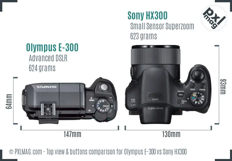 Olympus E-300 vs Sony HX300 top view buttons comparison