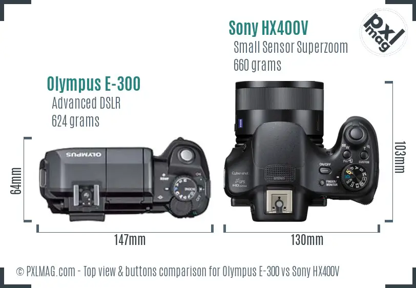 Olympus E-300 vs Sony HX400V top view buttons comparison