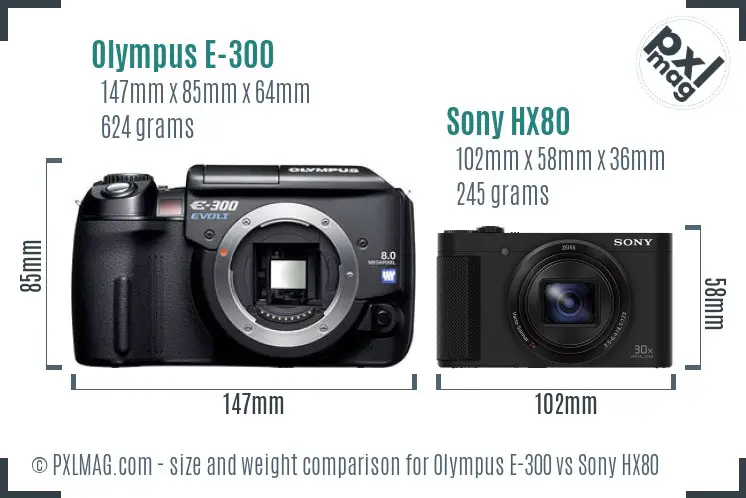 Olympus E-300 vs Sony HX80 size comparison