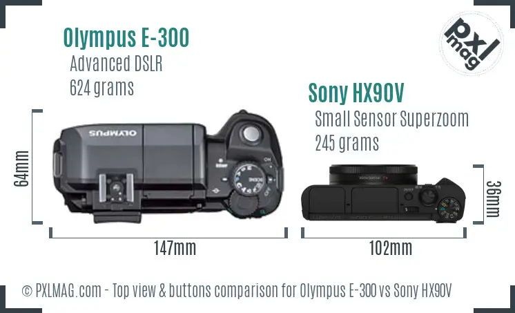 Olympus E-300 vs Sony HX90V top view buttons comparison