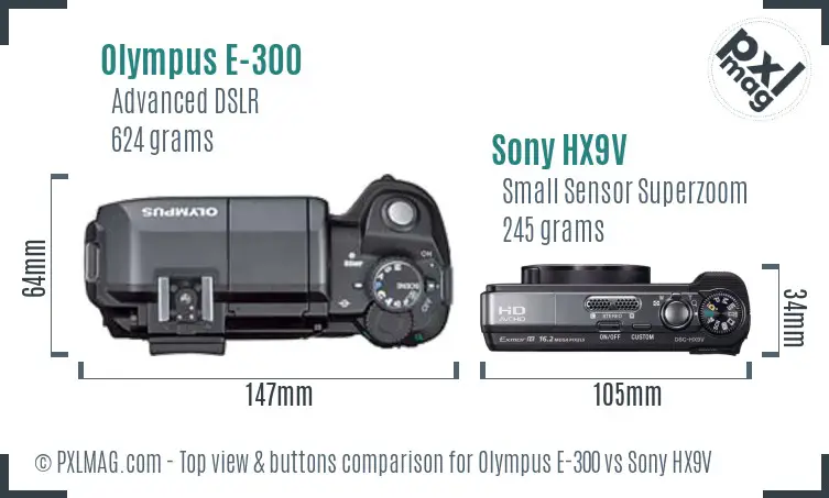 Olympus E-300 vs Sony HX9V top view buttons comparison