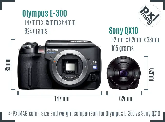 Olympus E-300 vs Sony QX10 size comparison