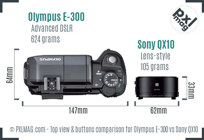 Olympus E-300 vs Sony QX10 top view buttons comparison