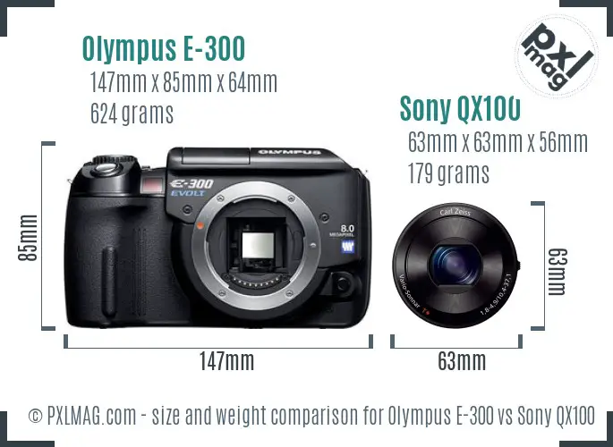 Olympus E-300 vs Sony QX100 size comparison