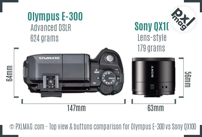 Olympus E-300 vs Sony QX100 top view buttons comparison