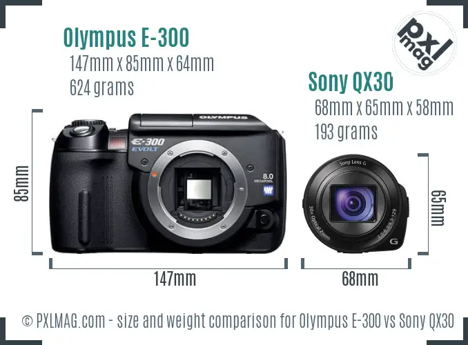 Olympus E-300 vs Sony QX30 size comparison