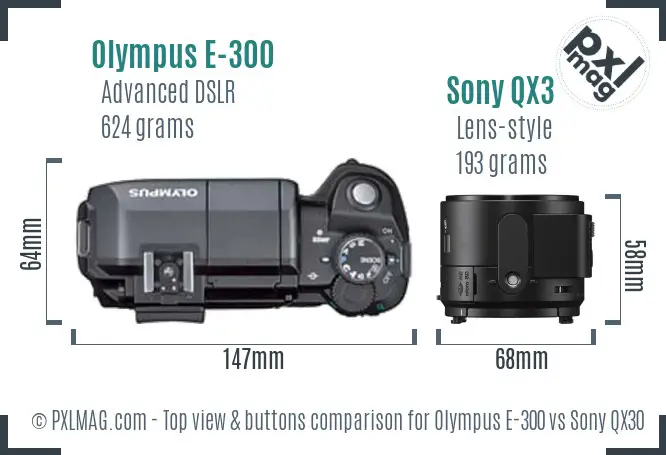 Olympus E-300 vs Sony QX30 top view buttons comparison