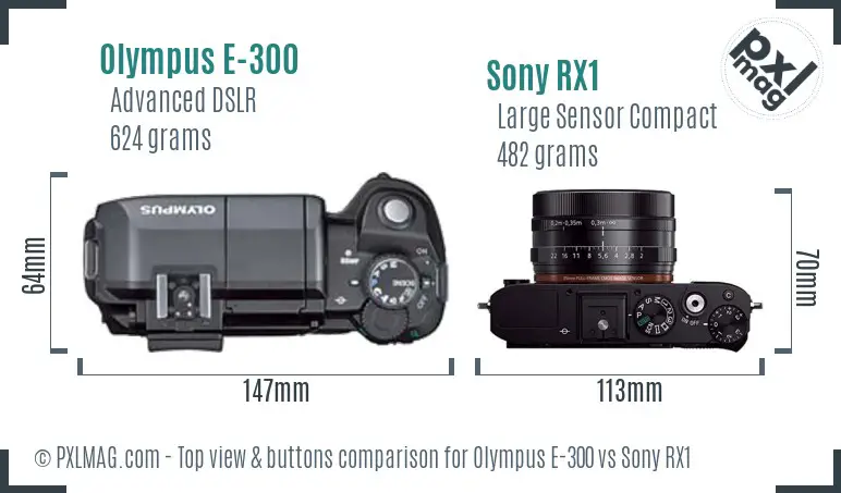 Olympus E-300 vs Sony RX1 top view buttons comparison