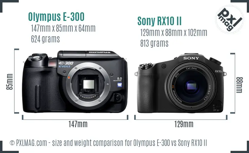 Olympus E-300 vs Sony RX10 II size comparison