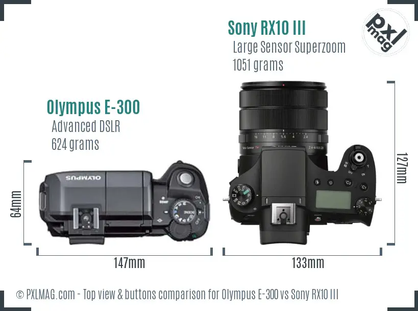 Olympus E-300 vs Sony RX10 III top view buttons comparison